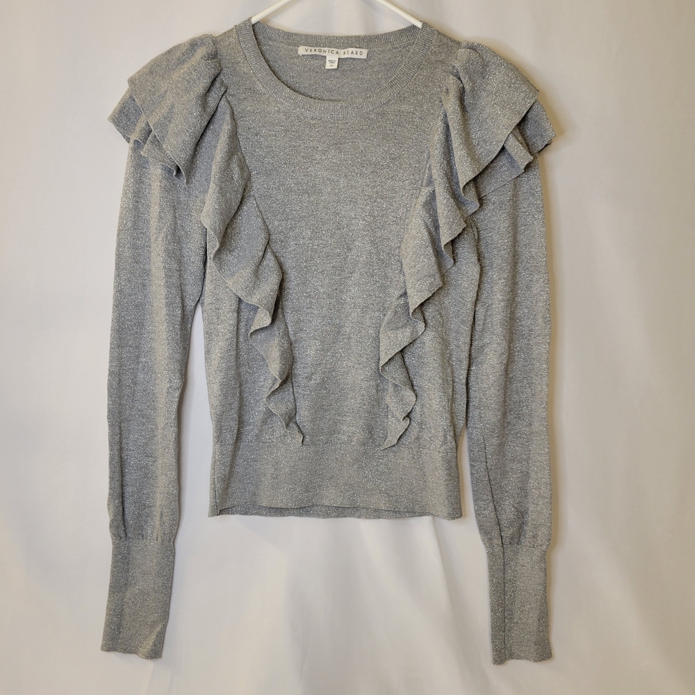 VERONICA BEARD Centre Ruffle Frills Crew Metallic Knit Sweater Women's XS
